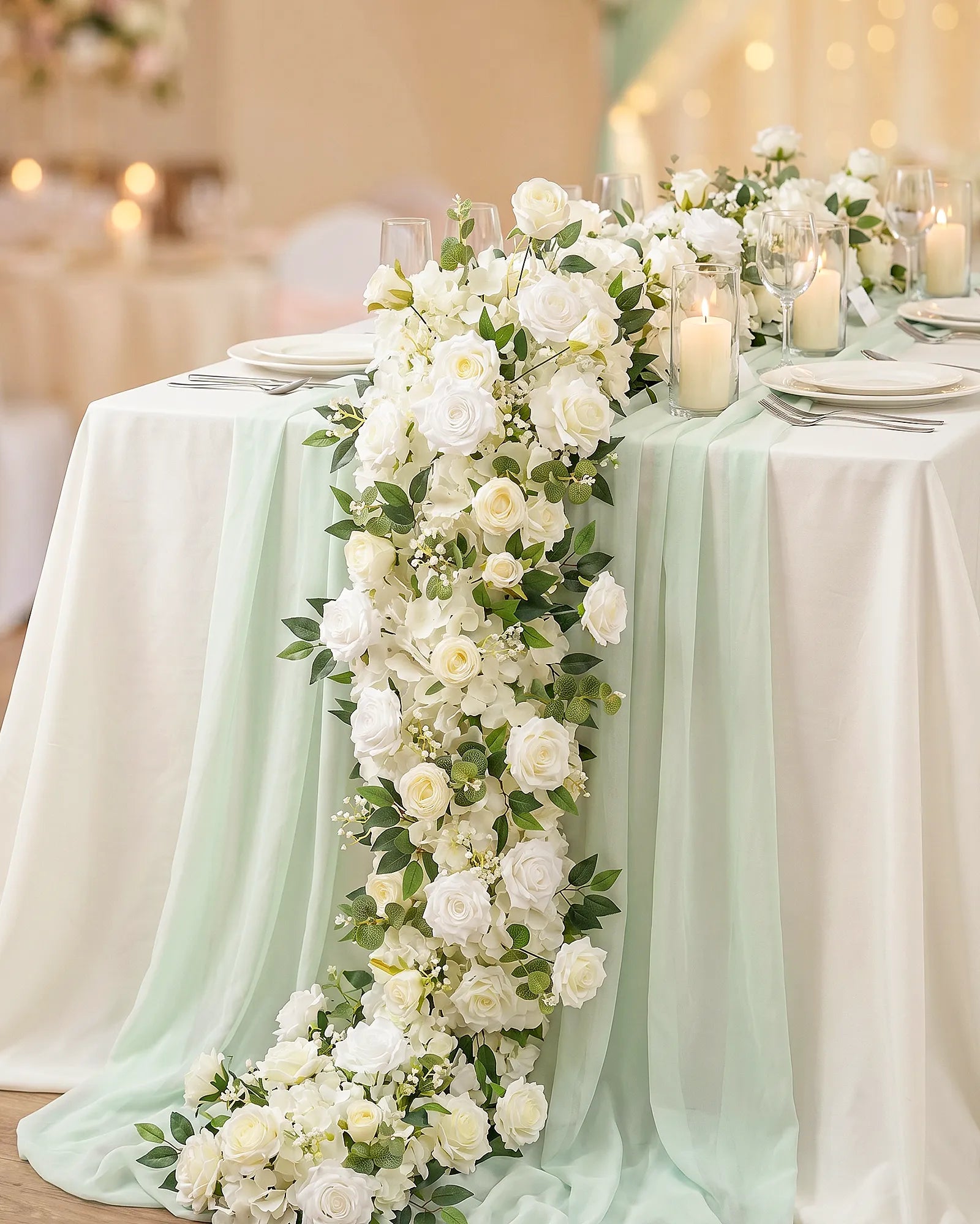 Uflower 100cm White Rose Greenery Flower Row with Drapes MC89004-01
