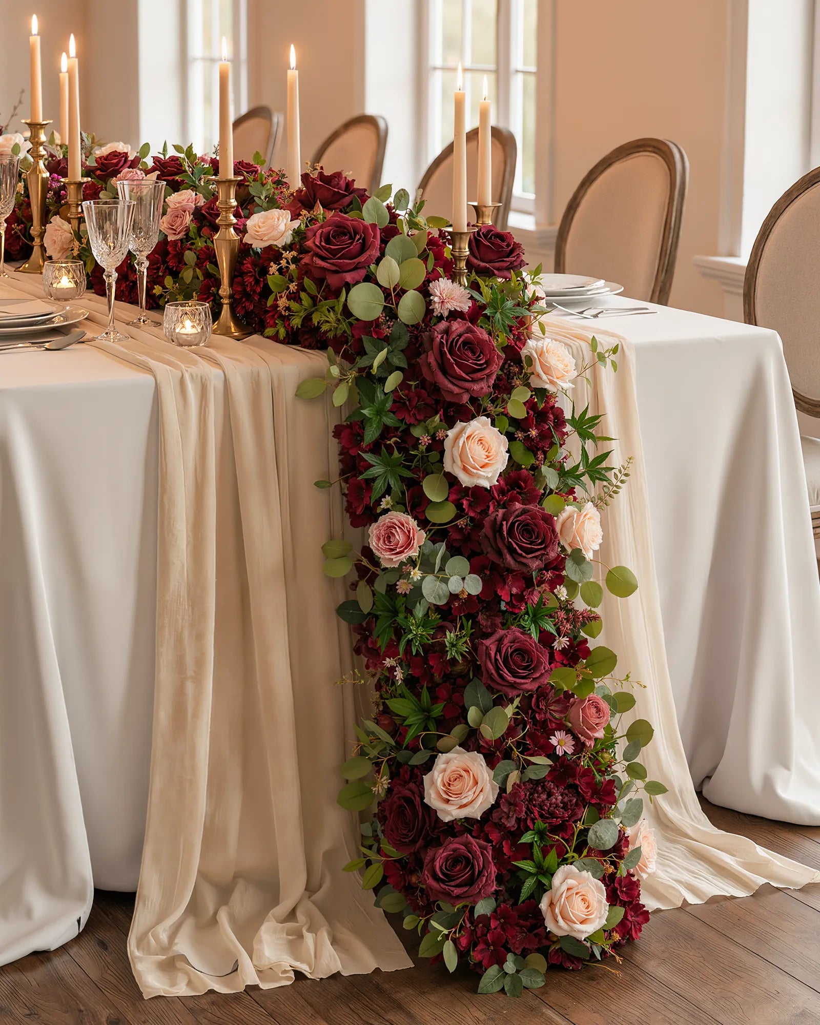 Uflower Burgundy Blush Rose Flower Row with Drapes MC89010-01
