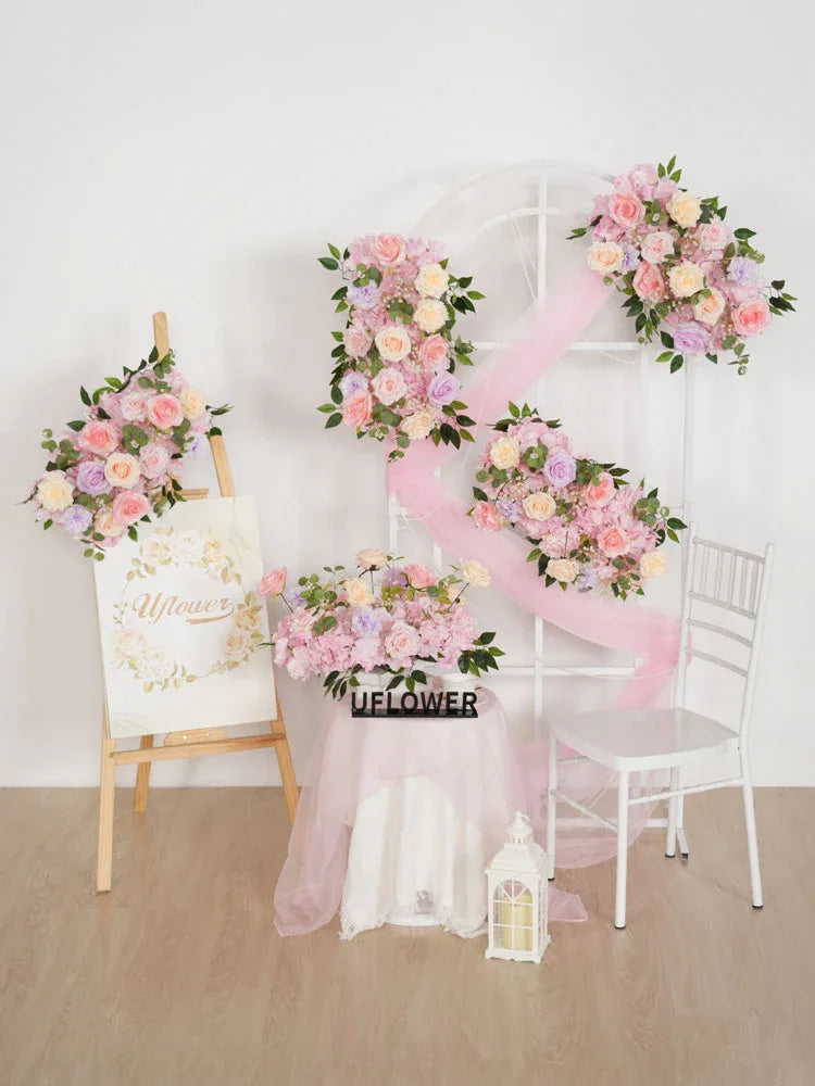 Uflower Artificial Pink Purple Rose Green Leaf Flower Row Wedding KT Backdrop Decor MC80139-01 - Uflower