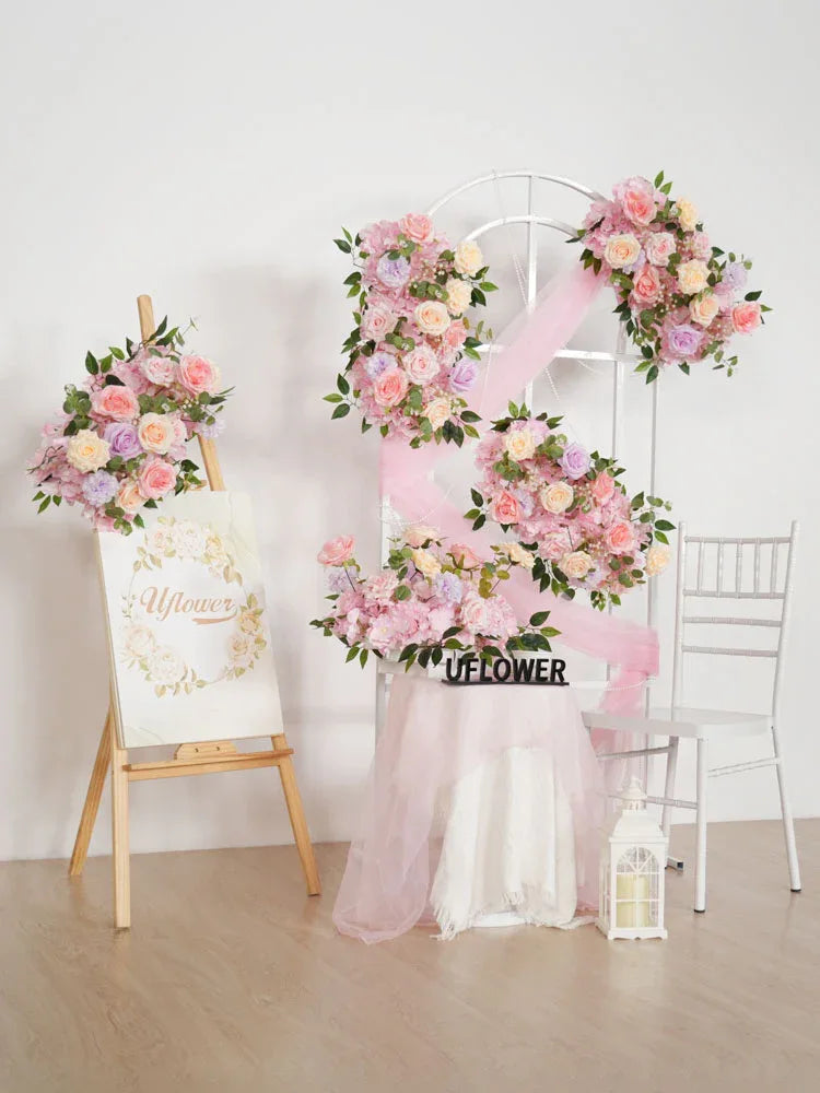 Uflower Artificial Pink Purple Rose Green Leaf Flower Row Wedding KT Backdrop Decor MC80139-01 - Uflower