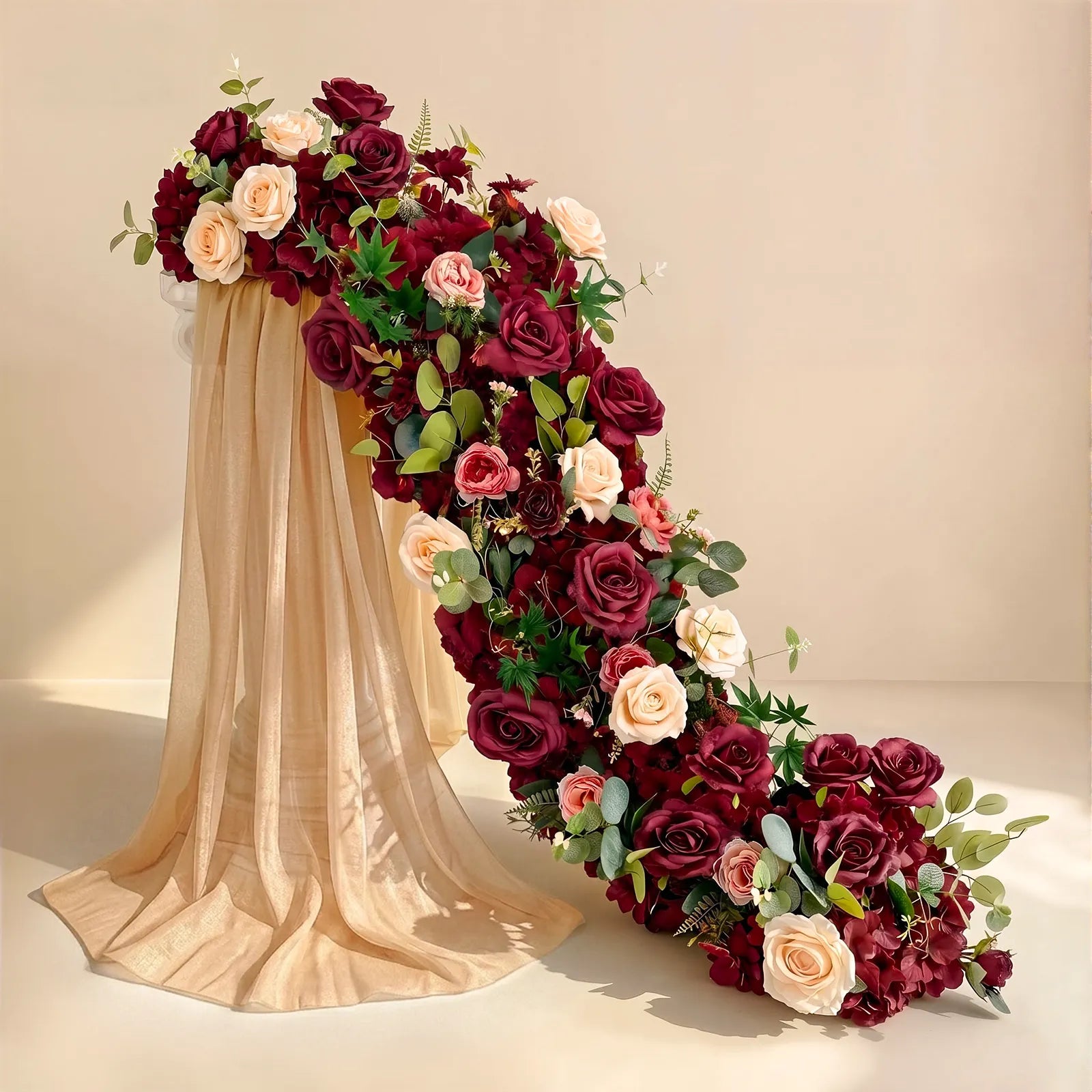 Uflower Burgundy Blush Rose Flower Row with Drapes MC89010-01