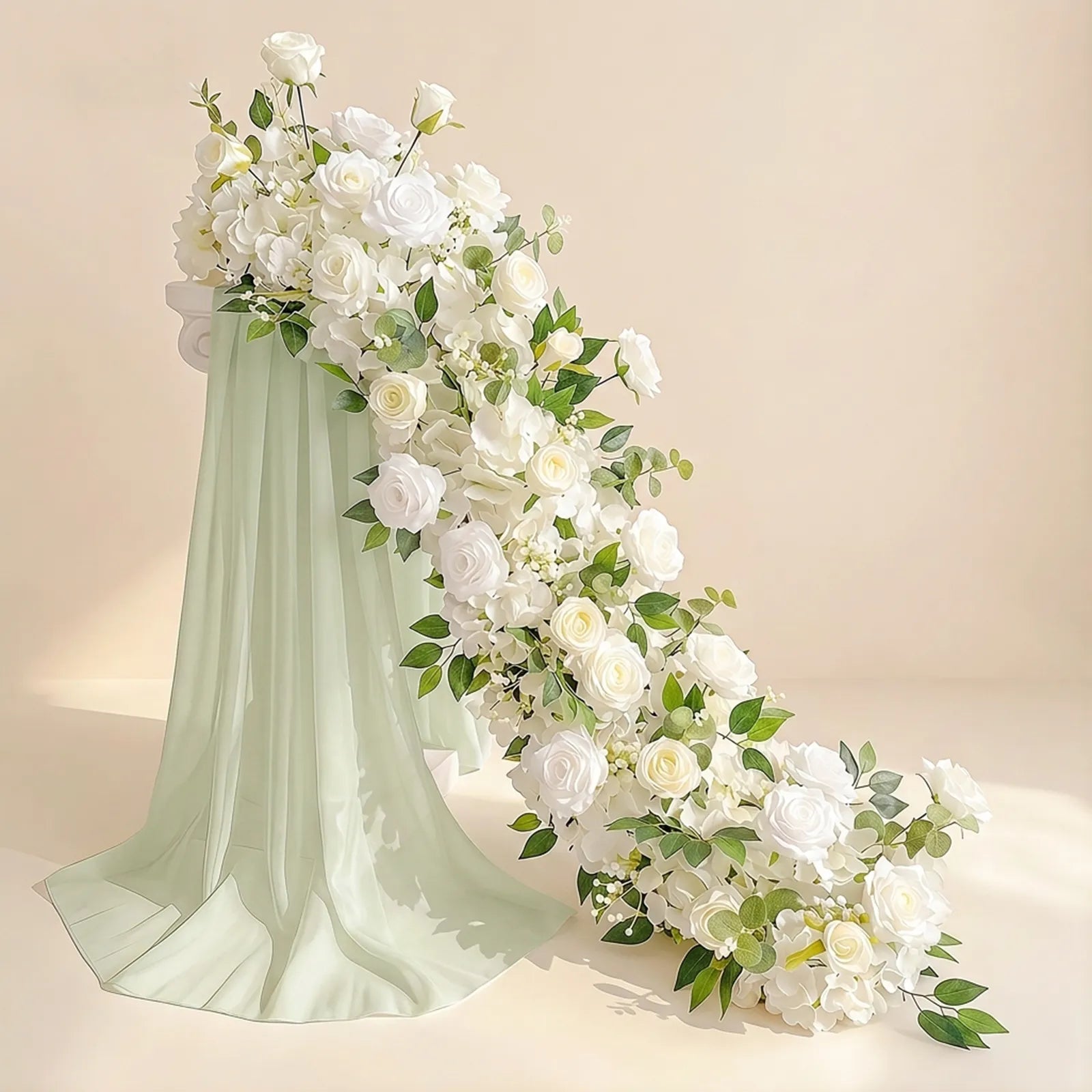 Uflower 100cm White Rose Greenery Flower Row with Drapes MC89004-01
