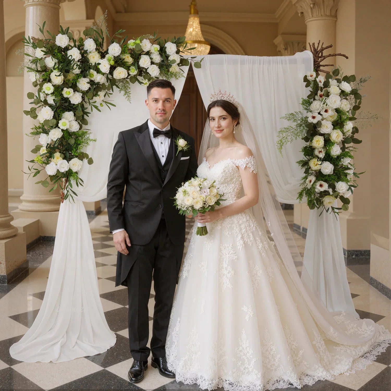 Uflower Artificial Green Leaf Eucalyptus White Rose Corner Floral SET80027 - Uflower