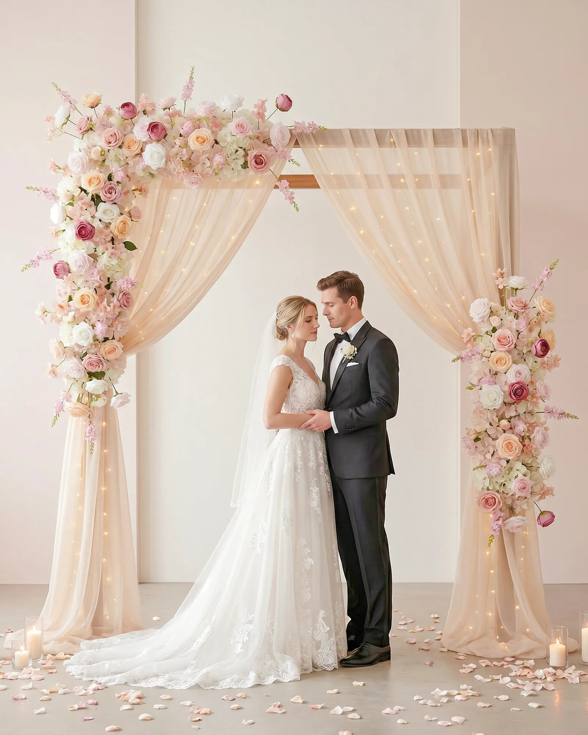 Uflower 100cm Rangée de fleurs rose pastel et blanc avec draperies MC89003-01