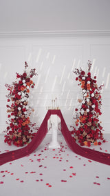 Uflower Autumn Red Rose Floral Horn Arch Wedding Party Backdrop Decor SET80134
