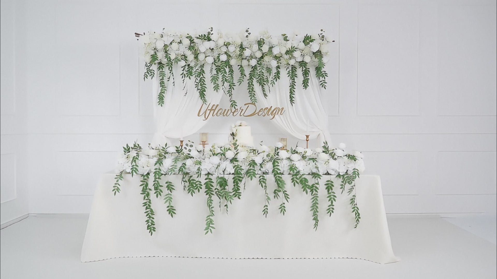 White Rose Green Leaves Faux Flower Wall Backdrop Flower Row Decor Video