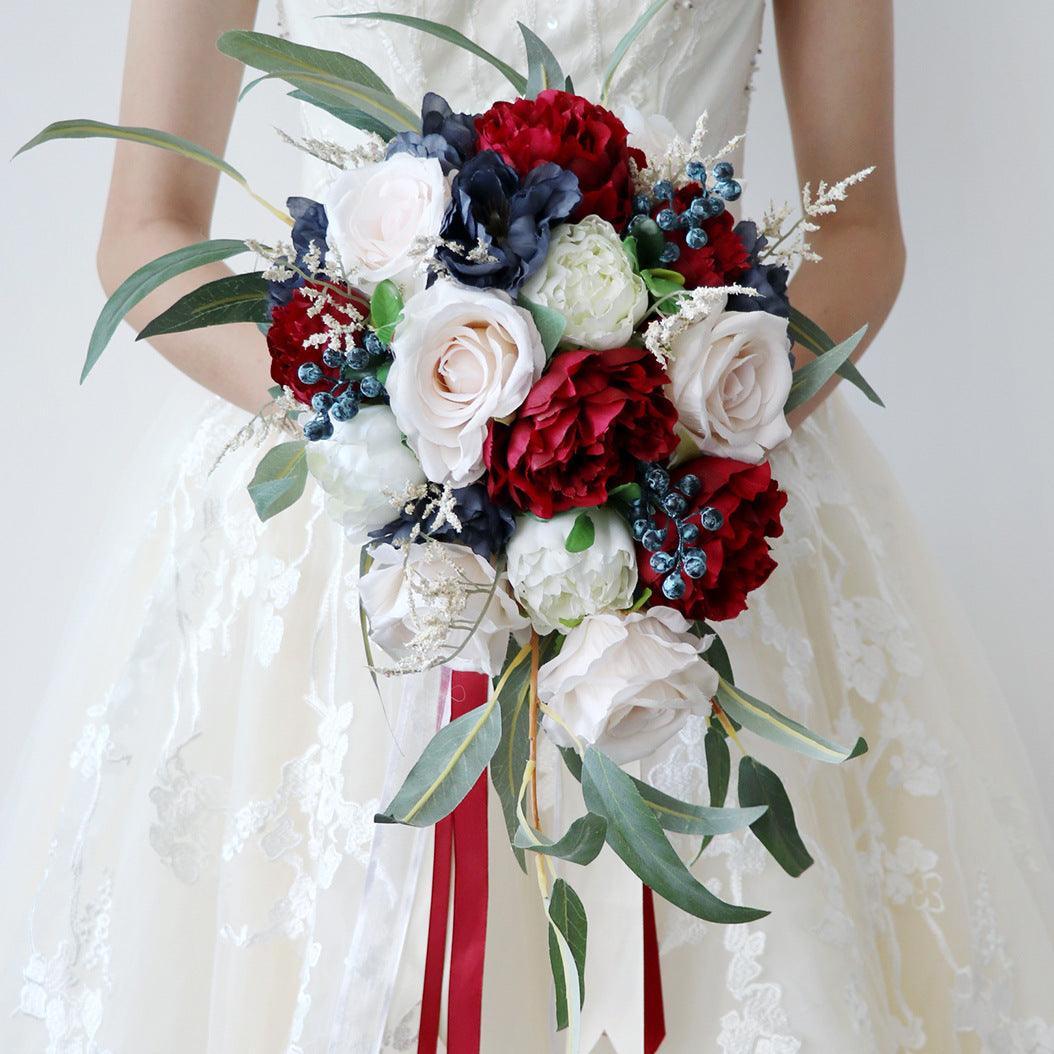 Cascade Bridal Bouquet in Mixed White -Claret - Uflower