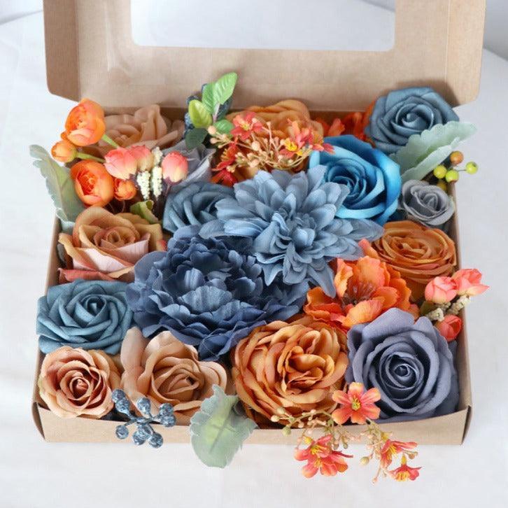 Flower Box Silk Blooming Flowers Sapphire Blue Orange Roses - Uflower