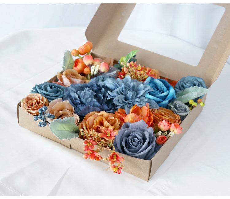 Flower Box Silk Blooming Flowers Sapphire Blue Orange Roses - Uflower