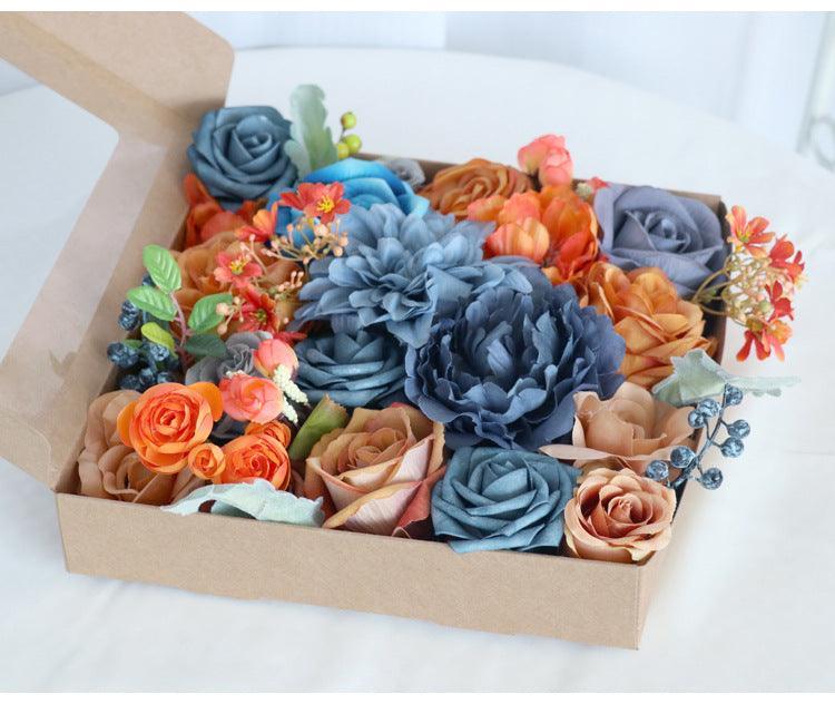 Flower Box Silk Blooming Flowers Sapphire Blue Orange Roses - Uflower